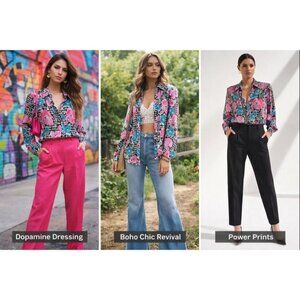 Sioni Women’s Silk Floral Blouse Pink/Teal XL Houndstooth Dopamine Boho Retro